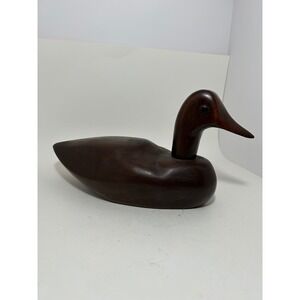 Vintage Hand Carved Solid Wood Duck Decoy Figurine Dark Brown Cabin Decor